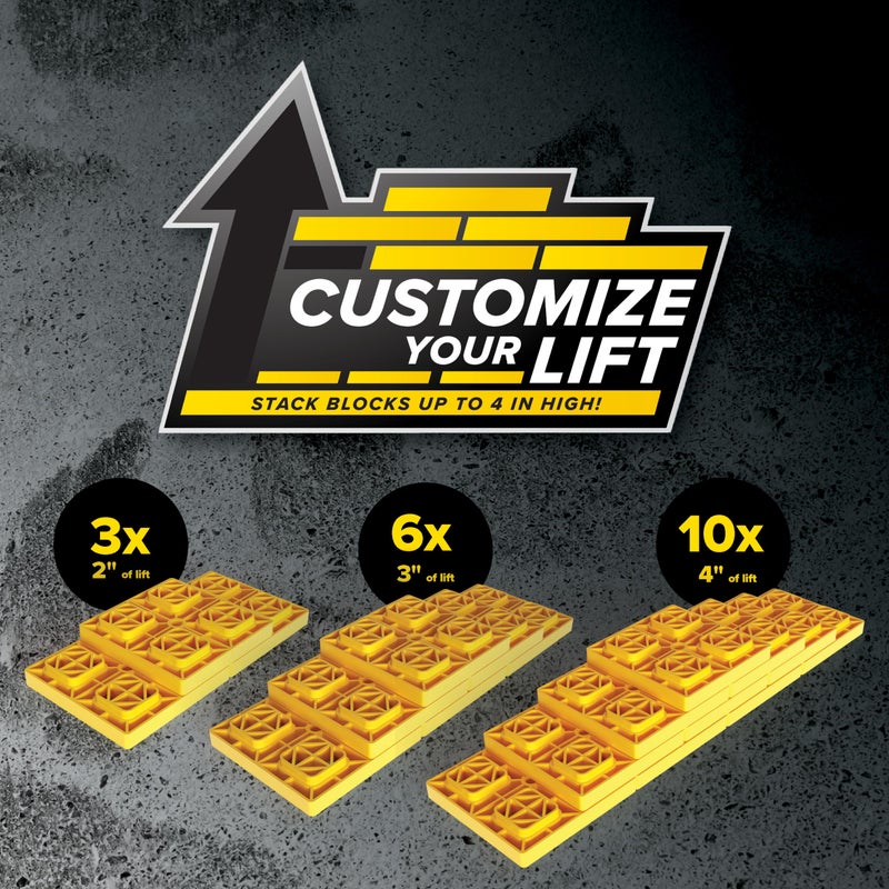 Camco Fasten RV Leveling Blocks - Features Interlocking Design for Customizable Height - Carrying Handle Twists to Secure Blocks for RV Storage - 8.5â€ x 8.5â€ x 1â€, Yellow, 10-Pack (21022) - Image 5